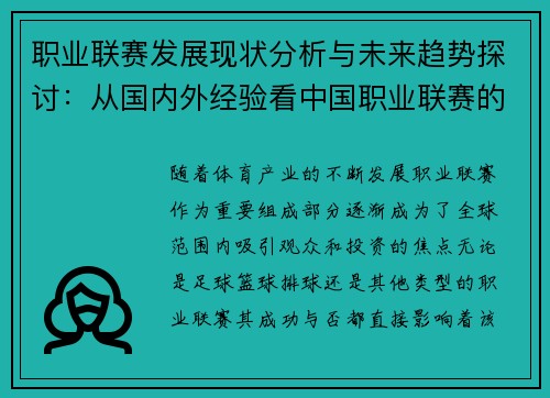 职业联赛发展现状分析与未来趋势探讨:从国内外经验看中国职业联赛的潜力与挑战 职业联赛发展现状分析与未来趋势探讨:从国内外经验看中国职业联赛的潜力与挑战